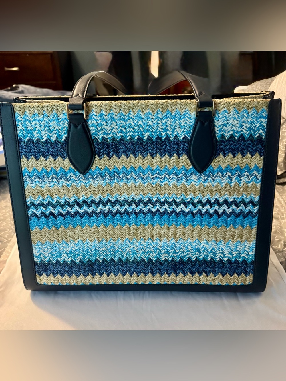 kate spade Blue and Tan Striped Woven Tote - Picture 2 of 7